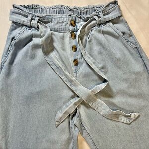 American Eagle Outfitters High Waisted Paperbag Light Blue Chambray Pants Sz Lrg